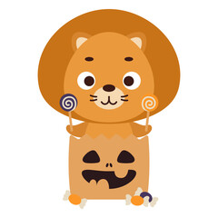 Cute Halloween lion sitting in a trick or treat bag with candies. Cartoon animal character for kids t-shirts, nursery decoration, baby shower, greeting card, invitation. Vector stock illustration