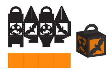 Happy Halloween treat box. Gift party favor box for sweets, candies, small presents, bakery. Simple packaging die cut template for laser cut, great design for any purposes, birthdays, baby showers