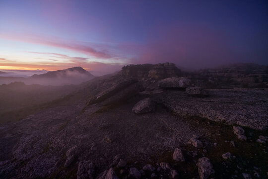 Landscape at sunrise over some rocky mountains