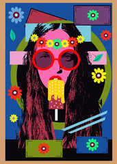 Hippie girl with sunglasses eating ice cream, floral background with lot of colors, art vector illustration 
