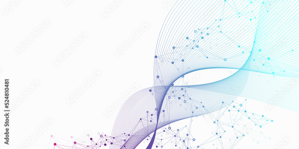 Poster Geometric abstract background with connected lines and dots. Connectivity flow point. Molecule and communication background. Graphic connection background for your design illustration.