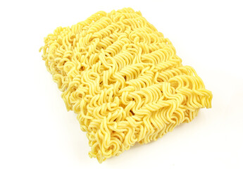 Uncooked asian ramen pasta block isolated on white background. Raw noodles