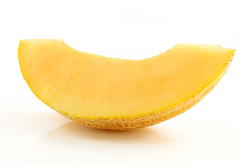 Slice of orange melon isolated on white background. Juicy fruit
