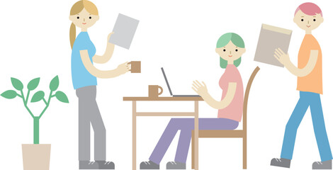 オフィスで女性上司の元に集まる男女のイラスト