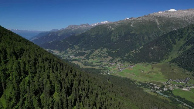 Drone footage of valley in high mountains. Ecological concept. Travel destination: Switzerland