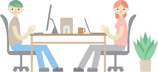 オフィスでパソコン作業をする男女のイラスト