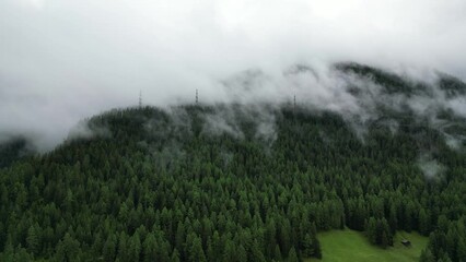 Power lines situated in mountain forest. Electric supply infrastructure