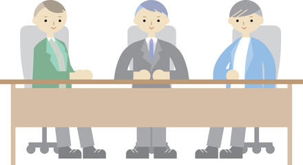 机に着席する3人の男性面接官のイラスト