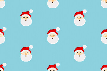 Colorful background of Christmas pattern made with Pixel Art. Funny Christmas wallpaper of Santa Claus, candy, gift boxes, christmas tree and bells.