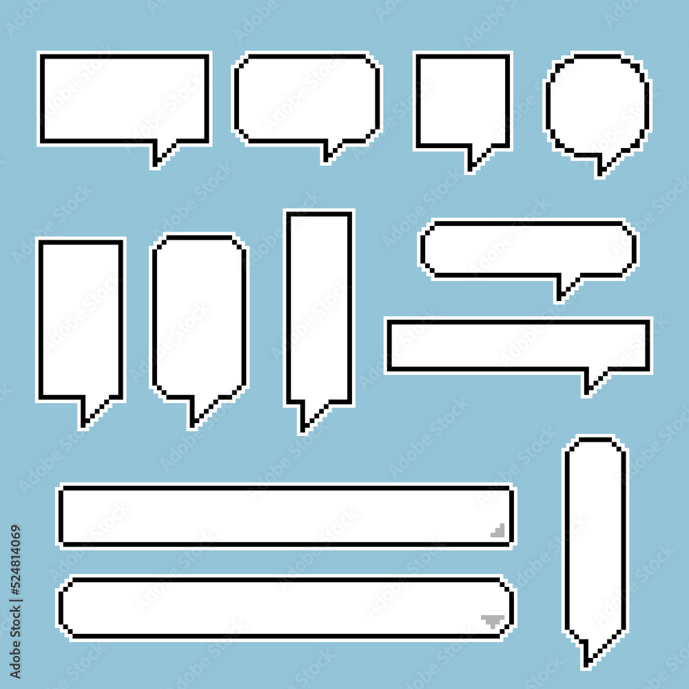 Poster collection set of retro game 8 bit pixel speech bubble balloon, text box banner, black and white col