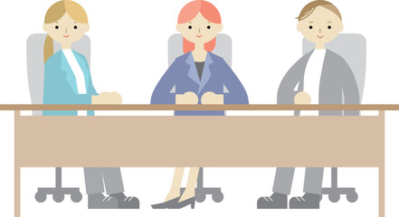 机に着席する3人の面接官のイラスト