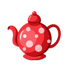 Vector red teapot with white polka dots. Hot tea