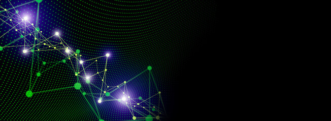 Science technology banner background. Abstract neon geometric network on empty black backdrop. Data, Ai, internet concept.