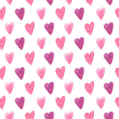 Hand drawn pink hearts seamless pattern on white background. For fabric, sketchbook, wallpaper, wrapping paper.