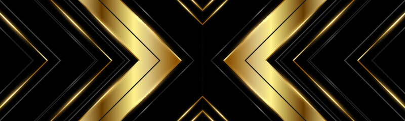 Abstract luxury black and gold wide background with arrows and angles. Elegant luxury background with 3d geometric triangle golden arrows. Vector illustration