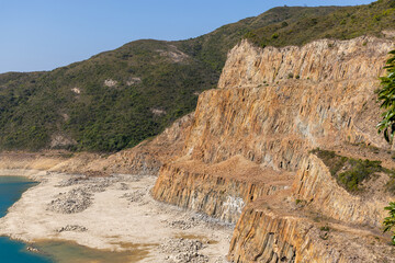 Hexagonal rock formation in geopark near east dam in sai kung of Hong Kong