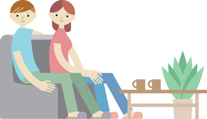 リビングのソファーでくつろぐ男女のイラスト