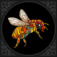 Colorful honey bee zentangle arts isolated on black background - obrazy, fototapety, plakaty
