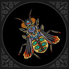 Colorful honey bee zentangle arts isolated on black background