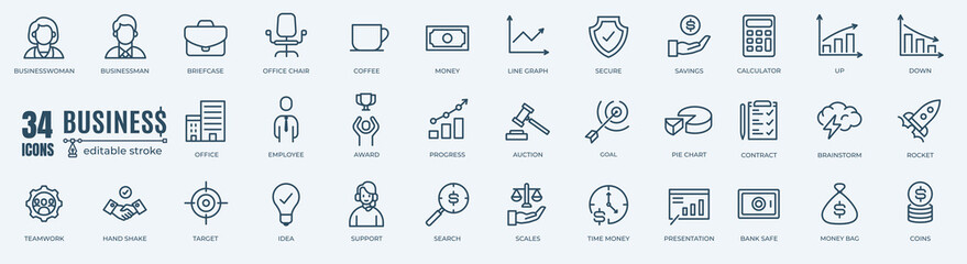 Simple Set of Business, Money and Finance Related Vector Line Icons. Contains thin Icons as Briefcase, Chart, Office and more. Editable Stroke. 48x48 Pixel Perfect