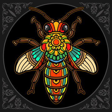 Colorful honey bee zentangle arts isolated on black background