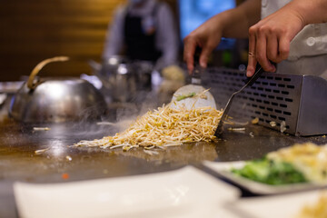 Taiwanese Teppanyaki restaurant grill bean sprout on the pan