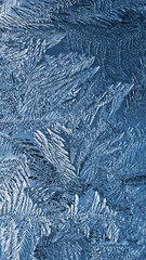 Abstract Christmas winter background. Ice crystals on frozen window glass. Frost drawing. A pattern of leaves and stems of fantastic plants. Blue mobile phone tinted wallpaper. Cold and crystal. Macro