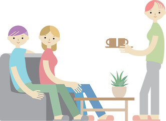 ソファーに座る男女とコーヒーを運ぶ女性のイラスト