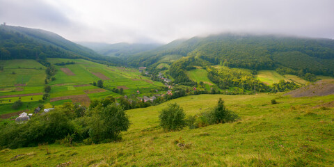 carpathian rural landscape. green fields and arable on the hills. small village in the valley. forested mountain beneath a bright overcast sky