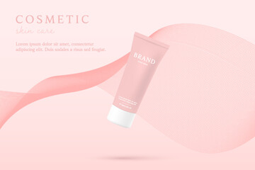 Pink cosmetic 3d ads background with wave lines.