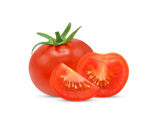Whole tomato and slices isolated on white background.