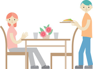 料理を運ぶ男性とテーブルに座る女性のイラスト