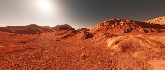 Mars planet landscape, 3d render of imaginary mars planet terrain, orange eroded desert with mountains and sun, realistic science fiction illustration.  © Cobalt