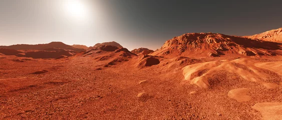 Foto op Canvas Mars planeet landschap, 3d render van denkbeeldig Mars planeet terrein, oranje geërodeerde woestijn met bergen en zon, realistische science fiction illustratie. © Cobalt