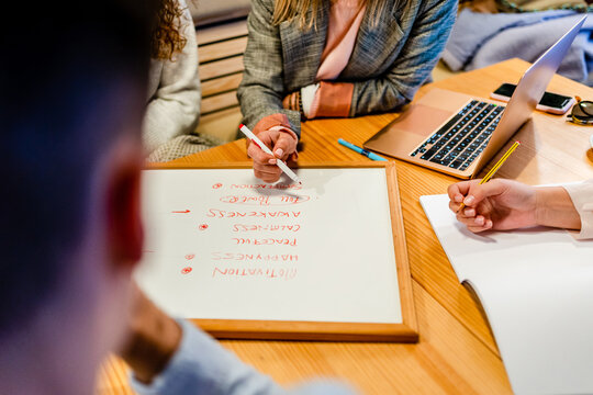 Business trainer showing whiteboard with words to unrecognizable employees indoors