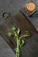 A bunch of micro-greenery on an old wooden board with metal decorative elements for decorating culinary themes. Copy space