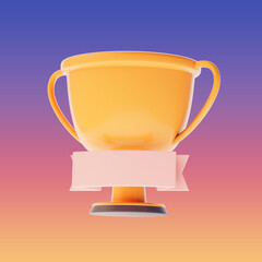 3D Trophy cup with ribbon, First places winning prizes on ceremony cartoon style, winning cup symbol icon. 3d illustration
