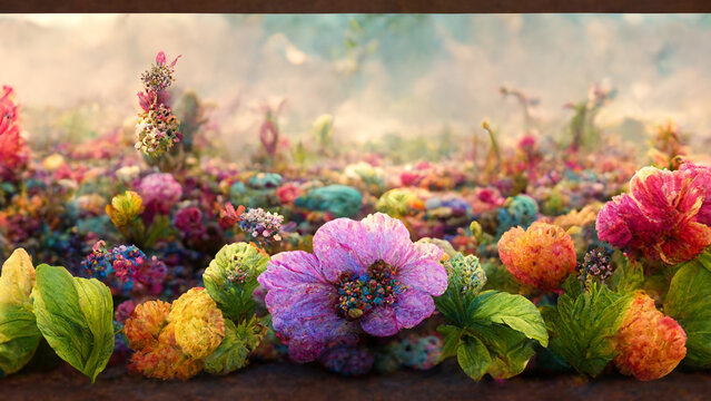 3D render wide panoramic colorful floral with bokeh blurred background design