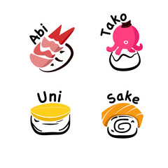 Set of icons / Sushi best seller set icon or logo (salmon,uni,shrimp,squid) / Japan sushi name are abi,tako,sake 
