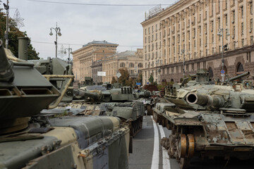 Ukraine's Independence Day. Burnt and destroyed Russian tanks in the center of Kyiv on the Maidan
