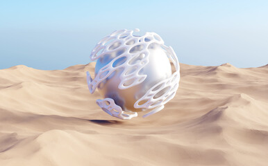 Fototapeta na wymiar Surreal desert landscape with silver sphere with organic forms