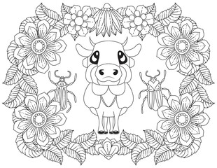 A Stylized Funny Cow Coloring Page