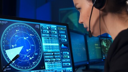 Workplace of the air traffic controllers in the control tower. Team of professional aircraft control officers works using radar, computer navigation and digital maps. Aviation concept.