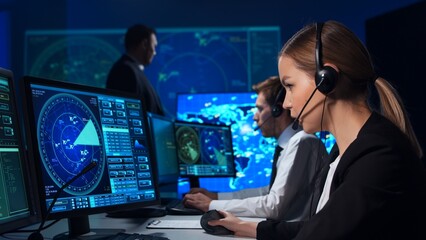 Workplace of the air traffic controllers in the control tower. Team of professional aircraft control officers works using radar, computer navigation and digital maps. Aviation concept.