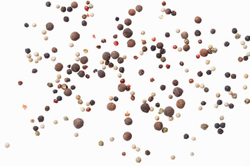 Several types of peppercorns. Isolated on white background. View from above. Top view.