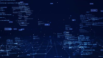 Cybersecurity digital information technology concept. Slow moving polygon binary code connected on dark blue background.