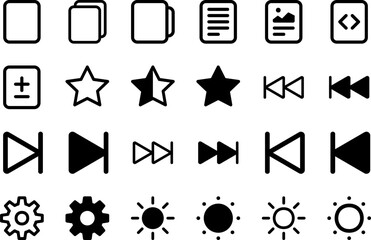 Set of 24 another icons in linear style. Black and white isolated vectors. Documents, stars, skip signs, gears, emblems of brightness.