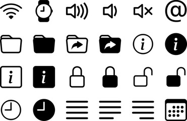 Set of 24 icons in linear style. Black and white isolated vectors. Wi-fi, watch, sound signs, folders, emblems of information, lock, unlock pictograms, clocks, justify and calendar. - obrazy, fototapety, plakaty