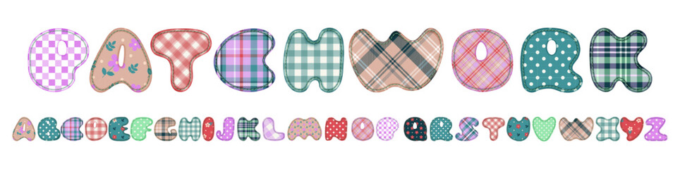 Patchwork hand drawn textile font. Cute textile font for scrapbook or collage design. Patchwork alphabet letters for your decoration with original patterns.