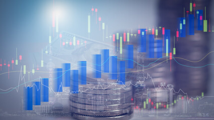 Double exposure of graph and rows of coins for finance, saving,  banking, business concept.